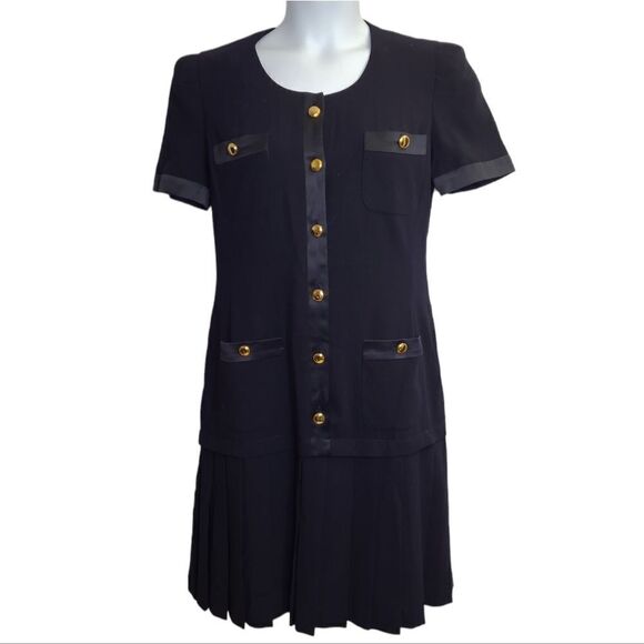 VINTAGE 90s Escada navy blue wool pleated dark academia drop waist dress 36/S - Picture 1 of 12